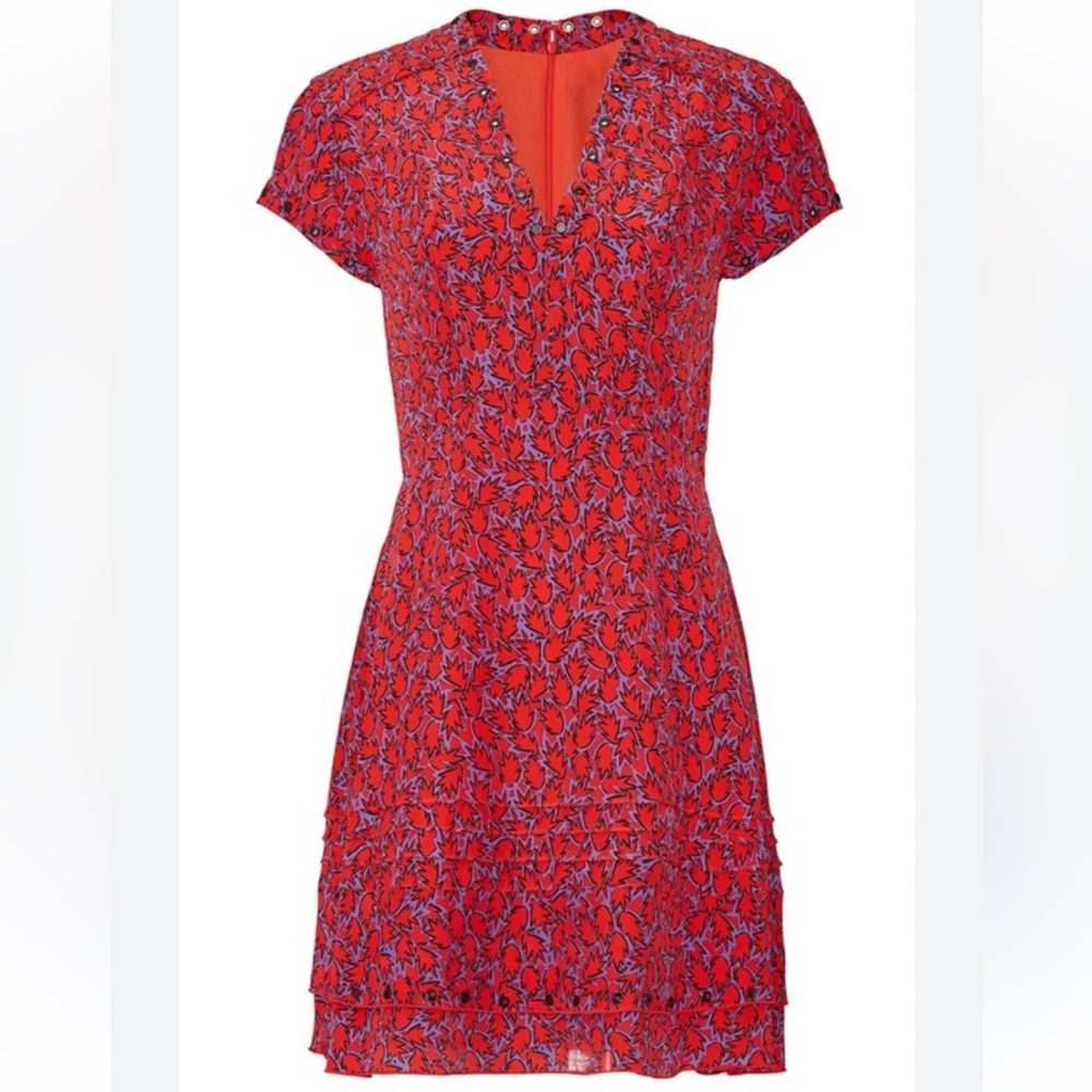 Derek Lam 10 Crosby mini dress grommet details red/purple Ruffle V neck size 6